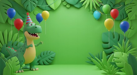 Cheerful Cartoon Dinosaur Celebrating Birthday Amidst Lush Jungle Foliage, Festive Jungle Birthday Party Background with Cute Dinosaur Character and Balloons