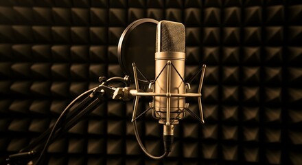 Condenser Microphone in Acoustic Room, Professional Microphone with Soundproofing Panels Background