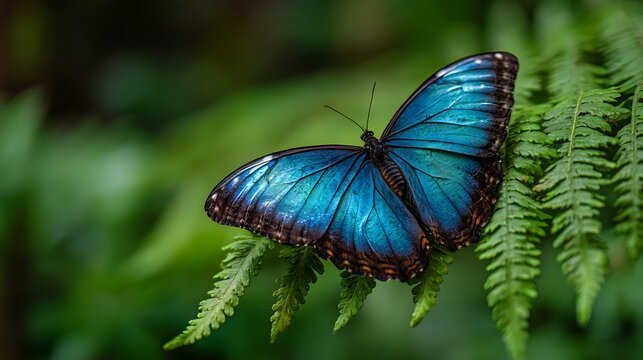 A vibrant blue morpho butterfly perched gracefully on a lush green fern in a natural setting - Powered by Adobe