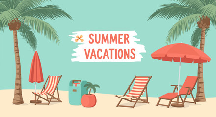 Fototapeta premium Summer vacation scene with palm trees, beach chairs, and umbrellas 