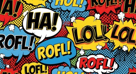 Comic Book Style Laughing Words and Pop Art Backgrounds, Cartoon Explosions with LOL, ROFL, and HA for Graphic Design