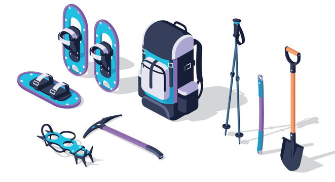 Winter hiking gear isometric set featuring snowshoes, backpack, poles, ice axe, and shovel