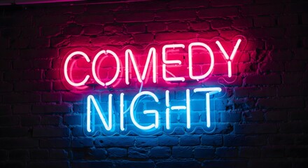 Illuminated neon sign on a textured brick wall, perfect for advertising comedy events, Bright neon colors add a lively atmosphere