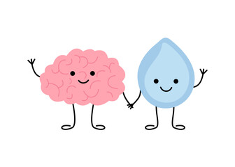 Brain character with water drop. Cute cartoon brain promoting hydration and healthy mind. Concept of smart health and intelligent well-being. Vector illustration