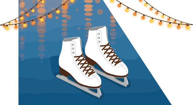 Ice skates on rink at night with festive string lights reflection