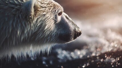 Obraz premium Polar bear gazes into the frosty horizon on a windy arctic day filled with shimmering ice droplets