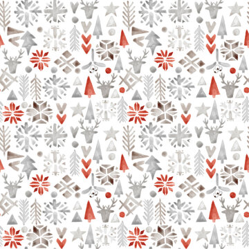 A delicate watercolor Christmas pattern with Scandinavian motifs: minimalist reindeer, snowflakes, and hearts in red and white. Hand-painted texture on a clean, light background.