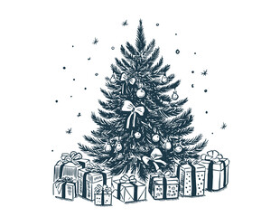 Green Christmas tree and gift on white, hand drawn illustration	
