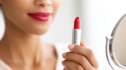 Obraz premium Woman Holding Red Lipstick in Mirror