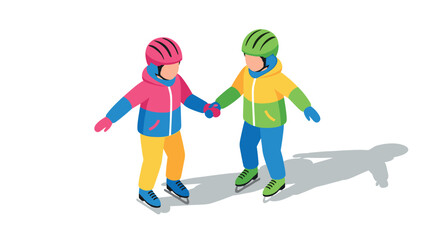 Colorful isometric kids ice skating scene in winter apparel
