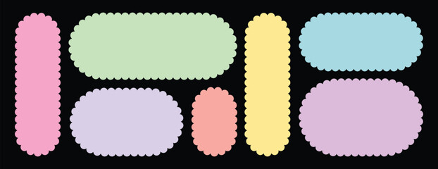 Zigzag round wavy shape frames. Scallop Frame Wavy Retro Stickers Collection. Zig Zag Edge Geometric Borders shape. Vector illustration