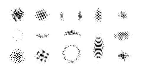 Collection of abstract black and white halftone dot patterns and shapes on a white background
