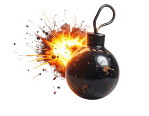 Black bomb with fiery explosion isolated on  white background