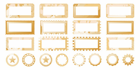 Collection of vintage and grunge style stamp frames and circular emblems with blank white space for text