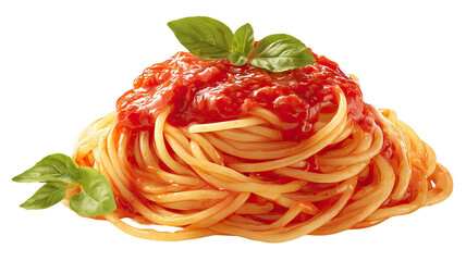 Delicious spaghetti with tomato sauce and fresh basil leaves, Italian pasta meal with rich flavor isolated on white background