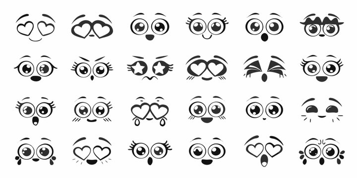 Collection of diverse cartoon eyes and expressions expressing various emotions and feelings