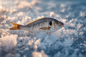 Fototapeta premium Fishing catch resting on glistening ice in tranquil winter scenery at sunset