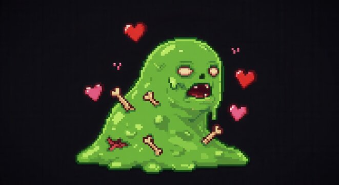 Grotesque green ooze monster expresses affection with hearts and bones in pixel art style