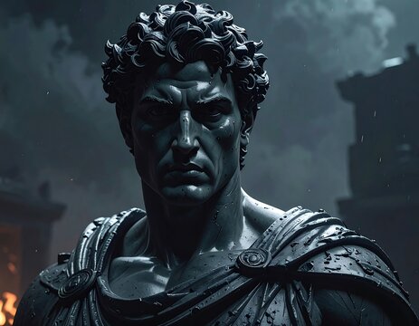 A stern, stone bust of a Roman emperor, captured in dramatic lighting