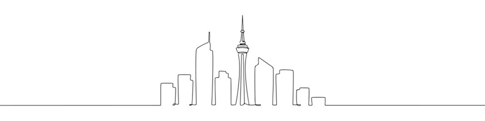 Fototapeta premium Continuous line drawing of a modern cityscape with tall buildings and a prominent tower, representing urban life and architecture, isolated on a white background.