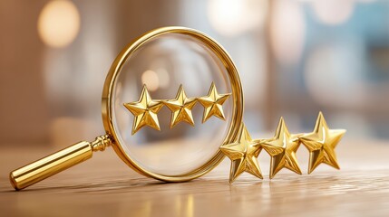 Close up of a magnifying glass with three gold stars next to it and three additional gold stars inside the glass on a smooth wooden surface