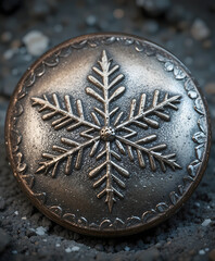 Vintage metal button with embossed snowflake on textured surface winter christmas detail