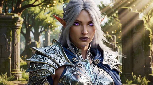 Elf Warrior in Silver Armor Stands in Fantasy Forest