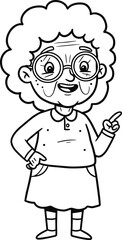 Cartoon elderly woman illustration, grandmother character with glasses smiling, pointing hand gesture, black and white drawing for coloring