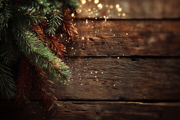 Christmas background wooden style pine and sparkling