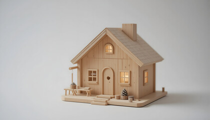 Analysis (EN): Cozy miniature wooden house model with warm glowing lights in windows on a neutral background, evoking Scandinavian home decor and Christmas village scenes.​
Анализ (RU): Уютный миниатю