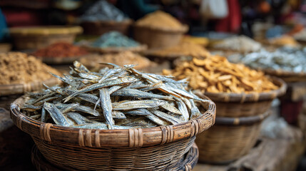 Fototapeta premium A close up of assorted dried goods in woven baskets at an outdoor market display area