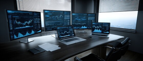 Modern technology workspace with multiple computer screens and laptop displaying financial data and stock market charts