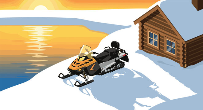 Snowmobile parked by a log cabin at sunset on a winter landscape