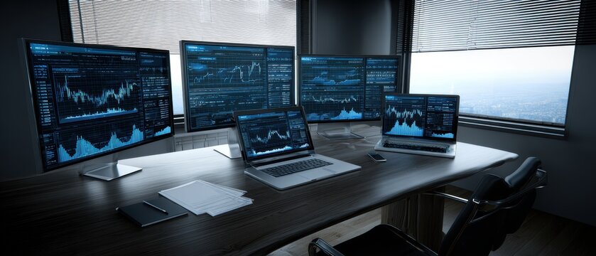 Modern technology workspace with multiple computer screens and laptop displaying financial data and stock market charts