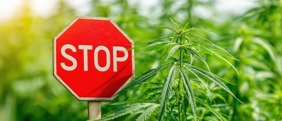 Wide Shot of a Prominent Red Stop Sign Among Large Green Cannabis Plants Growing Outdoors in a Bright Natural Setting