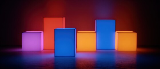Vibrant illuminated geometric blocks arranged in a colorful modern display with glowing reflections on a dark background
