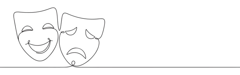 Continuous line drawing of comedy and tragedy masks, symbolizing the duality of theatre and human emotions, isolated on a white background.