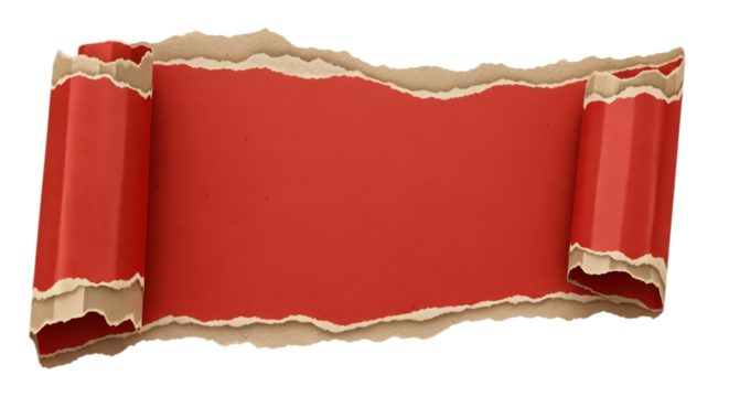 Red torn paper with rolled edges isolated on transparent background for message