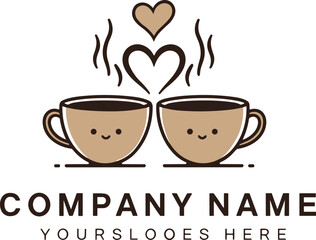 Cartoon coffee cup logo with smiling faces, heart steam design, café branding illustration, warm friendly coffee shop emblem for business identity