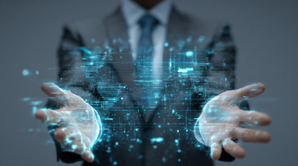 Digital transformation business technology innovation data hologram businessman suit hands glow futuristic energy pulse flows between open hands