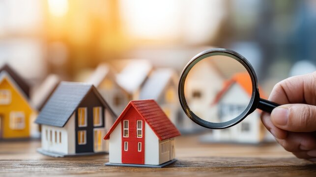 Close-up of a hand holding a magnifying glass over miniature colorful house models on wooden surface with blurred background