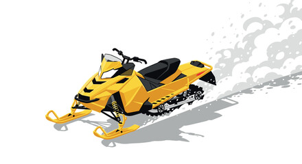 Yellow snowmobile in motion with dynamic snow trail in a modern flat design
