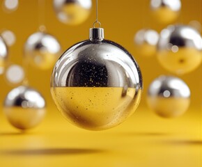 Minimalist composition of silver Christmas baubles against a golden yellow background. Modern holiday decor concept with reflective surfaces, elegant design, and warm festive atmosphere.