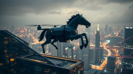 Modern Trojan Horse as spy drone, symbolic illustration of Greek myth "The Trojan Horse"