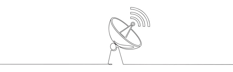 Continuous line drawing of a satellite dish, symbolizing communication and broadcast technology, isolated on a white background.