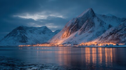 Stunning winter landscape with snow-capped mountains and glowing village lights at dusk