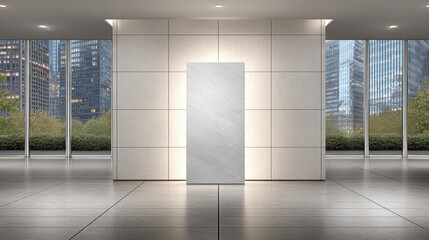 Modern minimalist interior with large blank white wall, spacious open lobby with view of city skyscrapers through glass