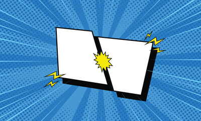Vector template of a comic book "VS" or clash scene with two blank speech bubbles over a blue halftone sunburst background and a central explosion graphic.