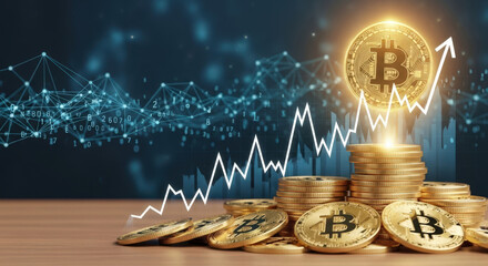 Bitcoin Investment Growth A Stack of Cryptocurrency Coins with an Upward Trending Graph Illustrating the Potential for Financial Gain and Digital Asset Appreciation