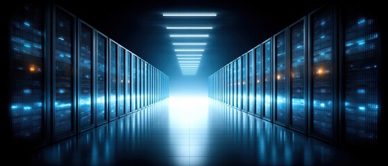 Modern Data Center Hallway with Server Racks and Blue Lighting in a High Tech Infrastructure Environment
